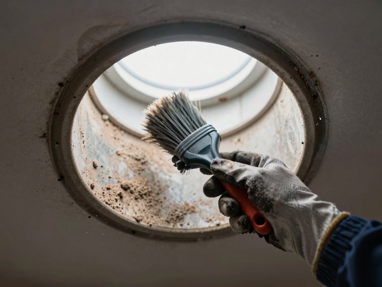 Close-up overhead view inside a residential air duct, technician's gloved hand holding a brush tool, dust and debris visible on the duct walls, natural light from a vent opening