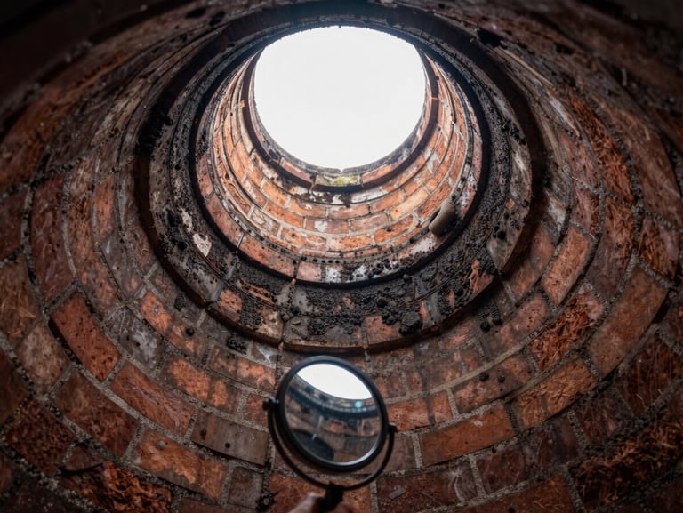 Wide angle looking up inside a brick chimney flue, technician's inspection mirror and light tool visible at the bottom edge, soot deposits on the flue walls, natural daylight at the top opening