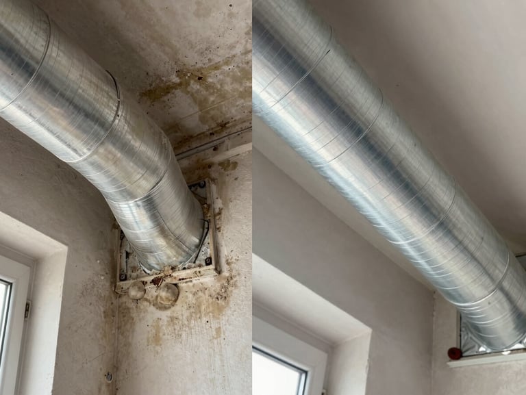 Split before-and-after interior duct cross-section: left side shows accumulated dust, debris, and discoloration on duct walls in soft daylight; right side shows the same duct cleaned to bare metal, bright and clear, technician's hands visible briefly on left edge for scale