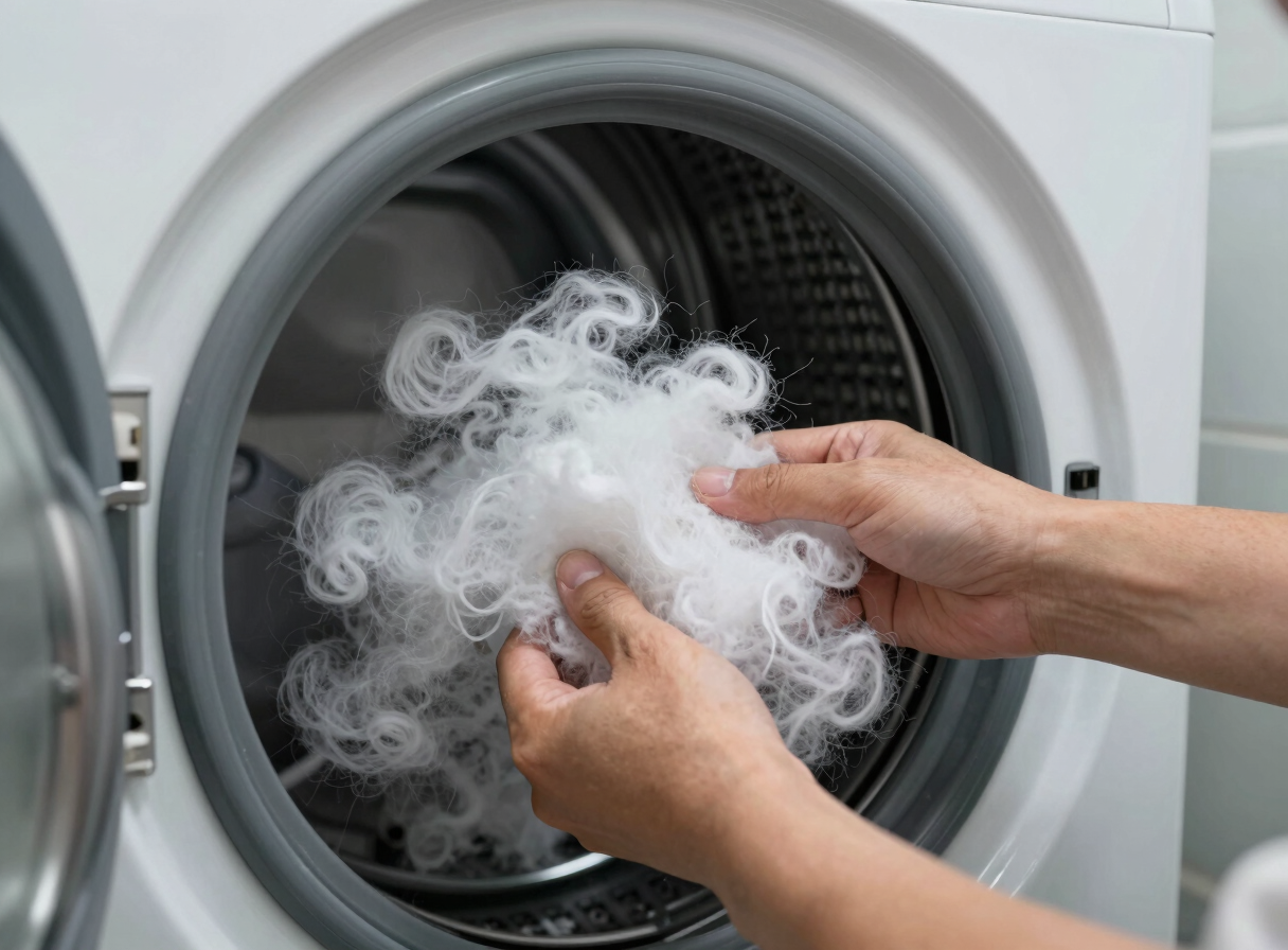 Technician's hands pulling a dense clump of lint from a dryer vent duct opening, overcast natural light, laundry room wall visible in the background