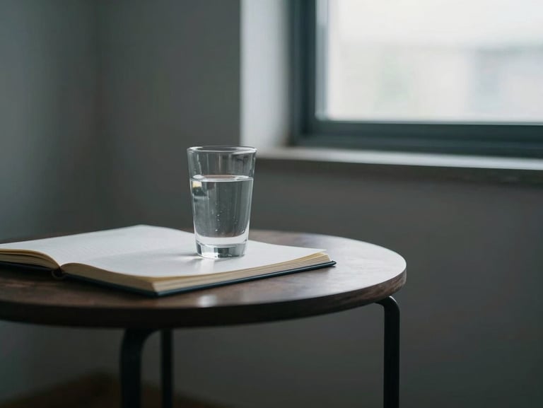 Interior detail of a room corner — a small side table with a glass of water and a closed notebook, cool diffused daylight from an unseen window, no people, calm and still