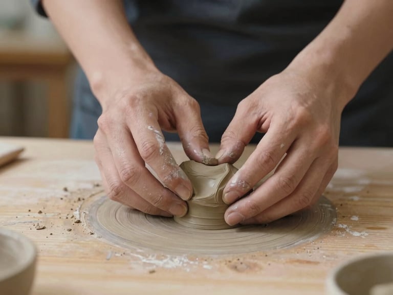 Close-up of hands gently shaping a piece of raw clay on a wooden table, soft side lighting, focusing on the texture of the clay