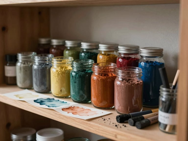 An organized artist's shelf with natural earth pigments in glass jars, textured watercolor paper, and charcoal sticks, soft morning light