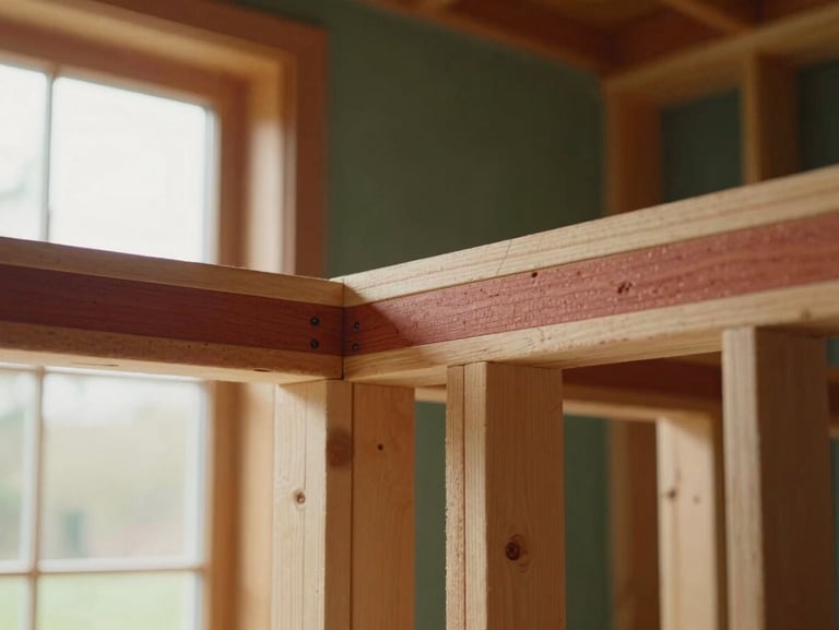 Close-up macro shot of precise timber joinery and structural framing in a remodeled home, warm natural window light