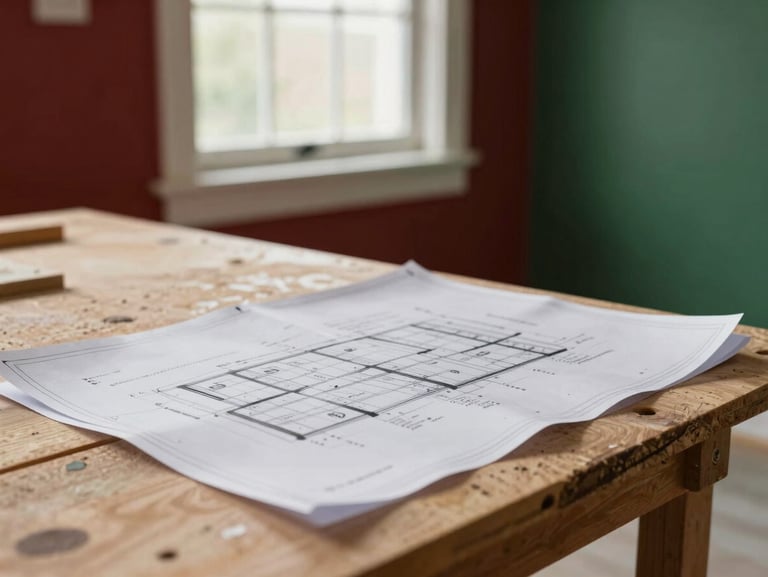 A clean, organized residential construction site with crisp blueprints laid out on a wooden workbench, soft ambient lighting