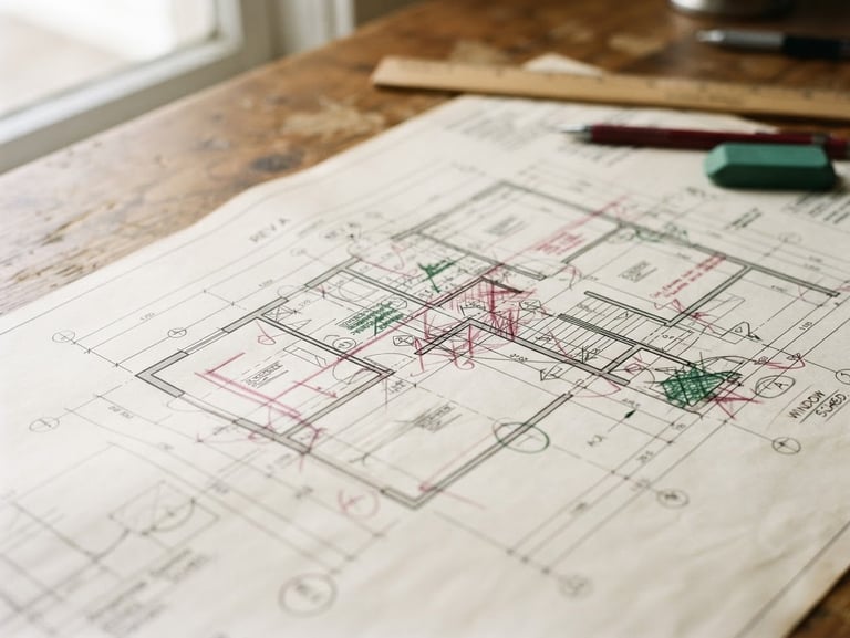 A close-up macro shot of architectural blueprints on a wooden worktable, deep crimson and forest green pencil markings, soft ambient light, 35mm
