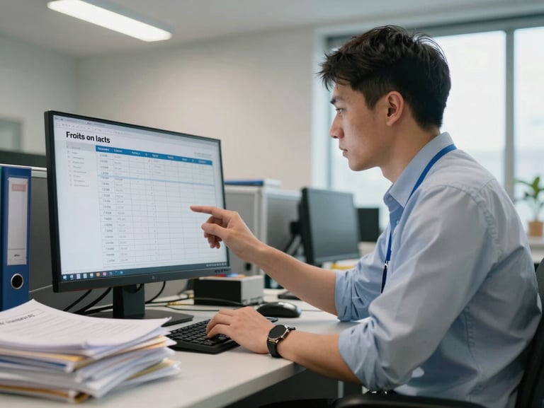 Close environmental shot of a dispatcher at a desk in a logistics office, reviewing a freight manifest on a monitor, overhead fluorescent lighting, stacks of paperwork and binders visible on the desk edge, natural daylight from a window to the right
