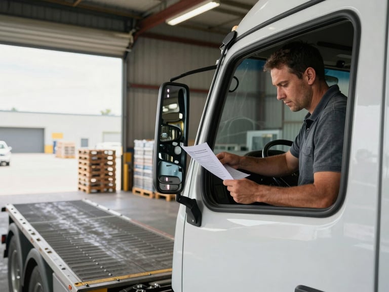 Wide shot from dock level of a truck driver in a cab window reviewing paperwork, loading ramp visible in the foreground, warehouse interior with pallets staged in the background, daylight filtering through open bay doors