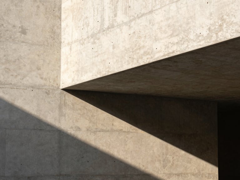 Minimalist architectural concrete structure with strong geometric shadows, warm natural side lighting, clean lines.