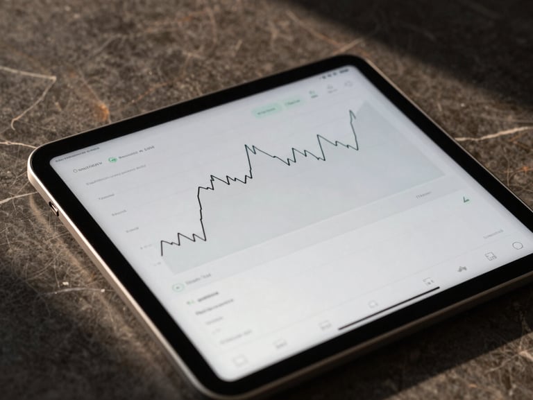 Close-up of a premium titanium tablet displaying a minimalist financial dashboard with clean lines, warm natural side lighting, dark marble background, high-contrast shadows