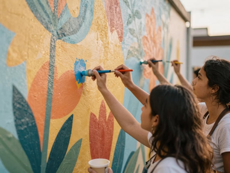 Hands of diverse women painting a vibrant mural on a public wall, soft daylight, warm tones, 35mm