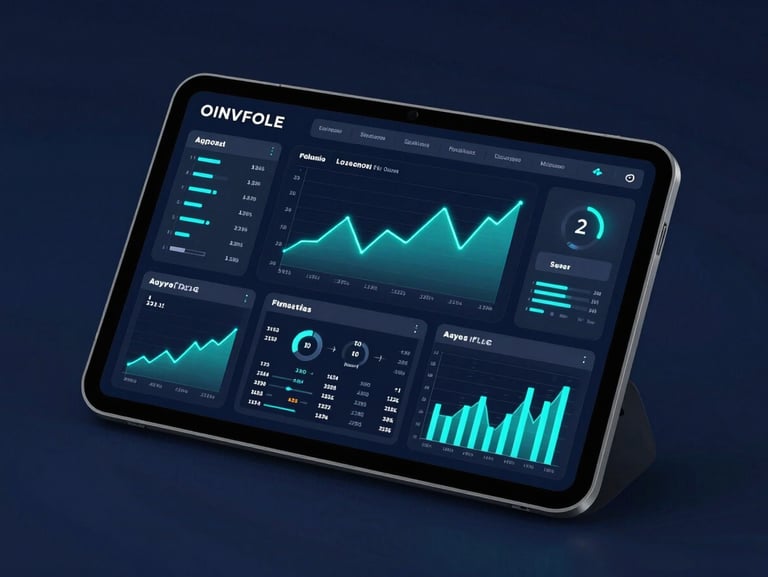 Sleek tablet mockup displaying a complex financial analytics dashboard, neon cyan graphs, dark mode interface, 3d render