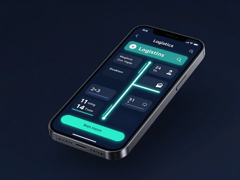 Sleek smartphone mockup showcasing a modern logistics tracking application, glowing route lines, dark midnight background, 3d render