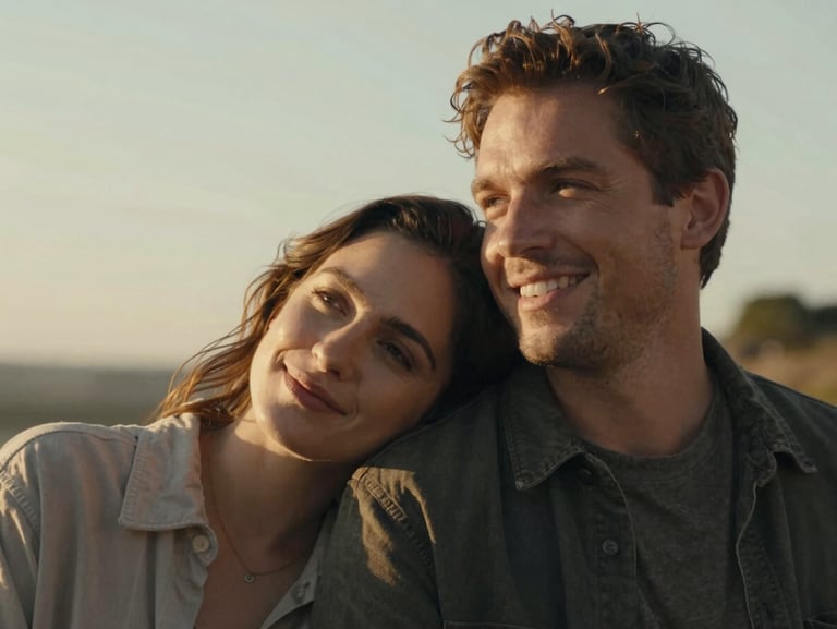 Warm portrait of a smiling couple outdoors, woman resting her head on his shoulder, both looking slightly off-camera in a relaxed unposed moment, golden afternoon light, natural setting