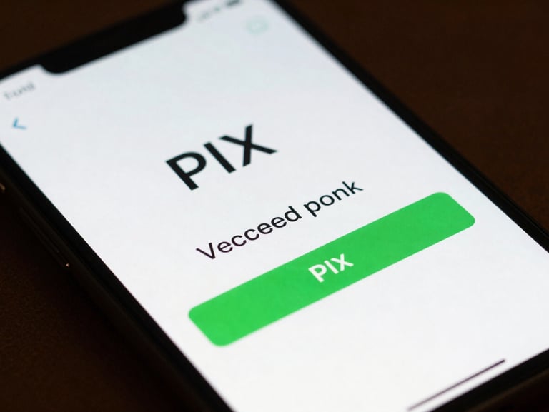 Close-up of a smartphone screen displaying a successful PIX payment confirmation with green accents, clean fintech interface.