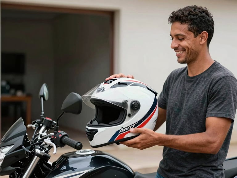 Real unpolished photo of a smiling Brazilian man holding a brand new motorcycle helmet next to his bike, natural daylight, authentic delivery moment.