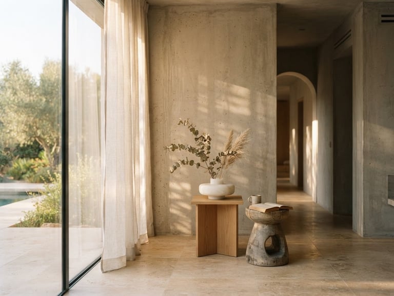 Sun-drenched minimalist concrete villa interior with warm morning light filtering through linen curtains, warm stone floor
