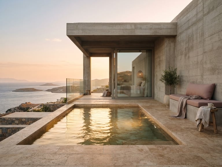 Sun-drenched minimalist concrete pavilion with private plunge pool at golden hour, soft water reflections, warm stone deck