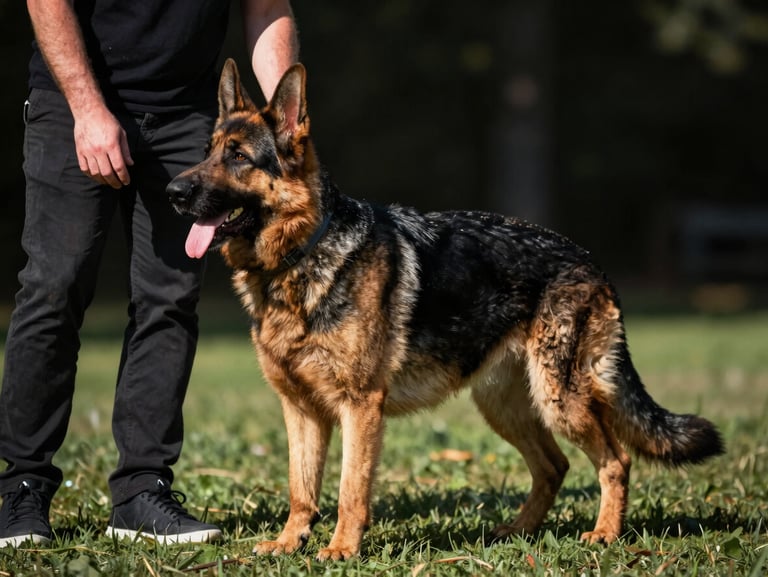 Hands-on dog training session with Robert Ferguson guiding a calm German Shepherd in a structured heel position, sharp action photography, high-contrast natural daylight.