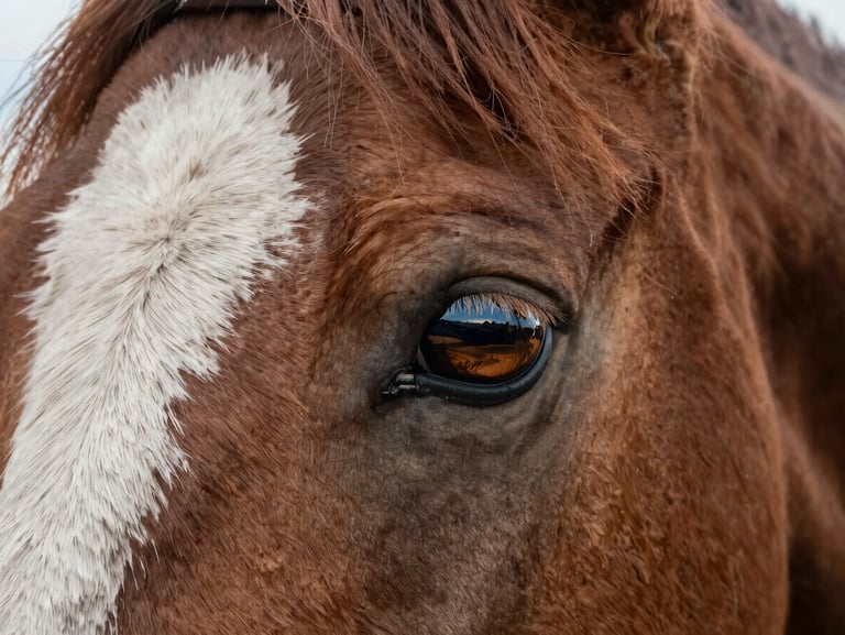 An artistic coloring book cover showing a detailed close-up of a horse's eye reflecting a wide ranch horizon, warm natural paper texture.