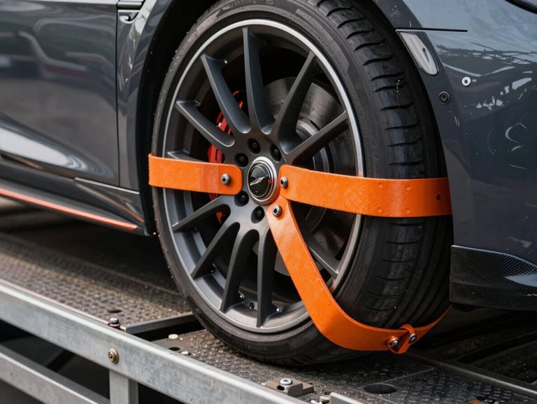 Close-up shot of heavy-duty orange wheel straps securing a luxury sports car wheel onto a clean metal flatbed transport truck.