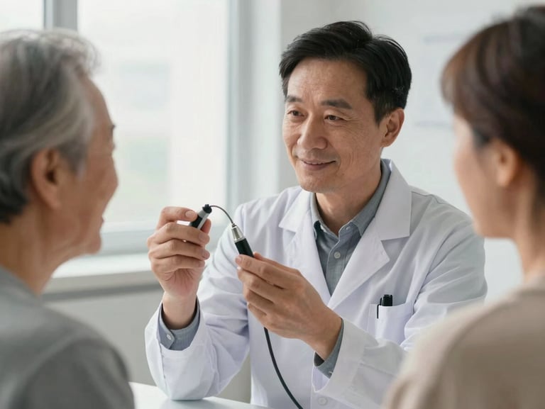 A warm clinical setting where a professional audiologist in a light blue coat gently shows a hearing device to an older patient, bright window light.