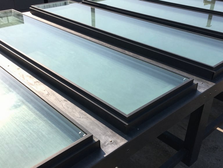 Close-up of industrial laminated glass panels framed in heavy duty black aluminum, bright natural daylight casting sharp structural lines, architectural photography style