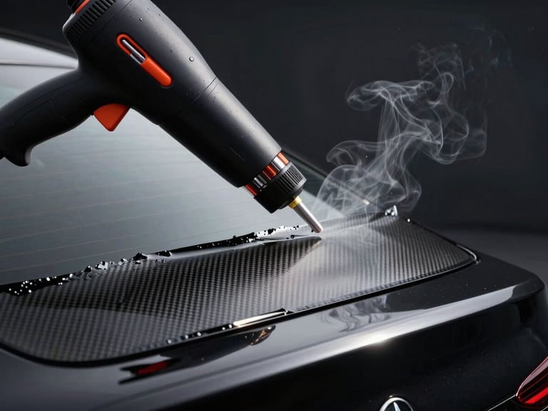 Macro shot of a heat gun shrinking a dark carbon film onto the curved rear windshield of a premium black sedan, subtle smoke, high contrast studio lighting.