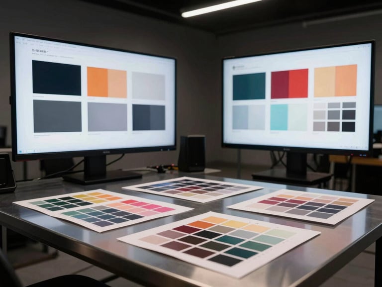 Wide structured studio environment with high-contrast directional lighting, showing design mockups on large screens next to physical color swatches and print proofs on a metal table