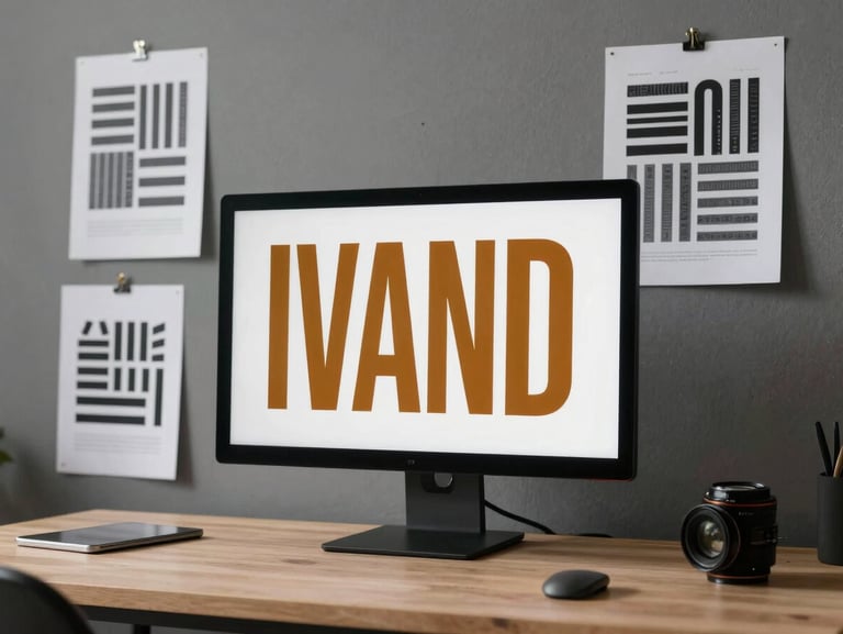 A modern design studio setup with a high-end color-calibrated monitor displaying bold amber typography, flanked by physical print proofs pinned to a slate gray wall, sharp directional side lighting.
