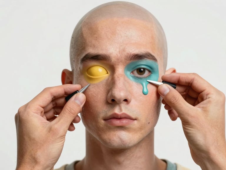 Detailed SFX prosthetic makeup transformation, hyper-realistic character design, bright high-key studio lighting, saturated retro tones