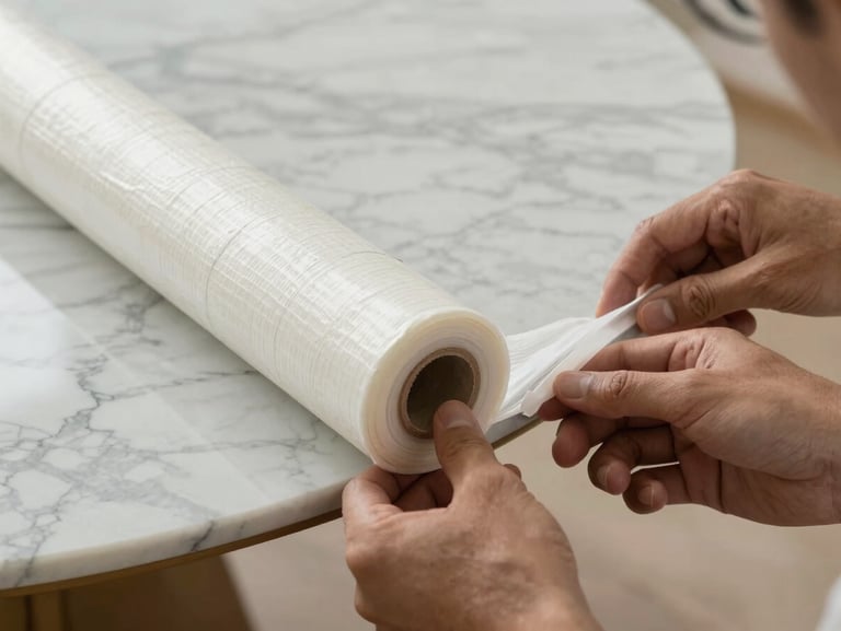 Close-up of a mover's hands carefully wrapping a polished marble tabletop edge with thick protective foam and heavy-duty stretch film.