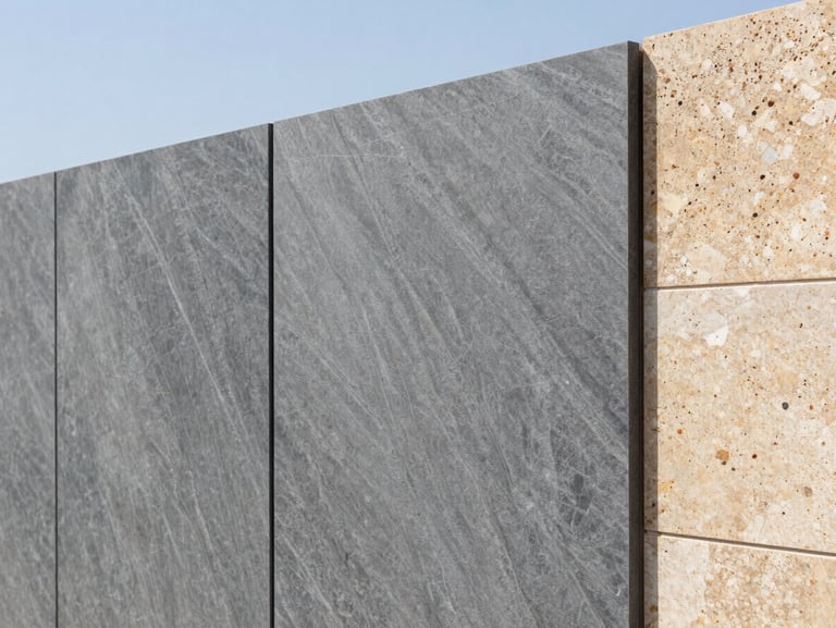 Macro texture of high-performance technical insulation panels, clean structural lines, cool slate tones, daylight