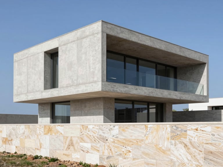 Architectural elevation of a modern concrete villa mid-build, sharp geometric lines, bright daylight, Split coast