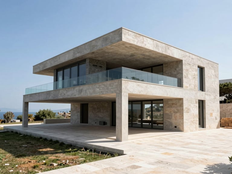 Architectural wide-angle shot of a luxury modern villa mid-build on the Dalmatian coast, concrete structure visible, bright Mediterranean daylight, sharp shadows