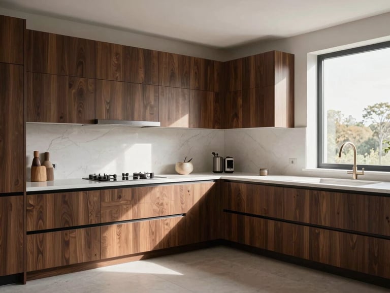 Wide environmental shot of a bespoke contemporary kitchen interior, viewed from the corner of the room — dark walnut cabinetry meeting a white stone worktop under north-facing natural daylight, no people, architectural framing that reveals how the cabinetry resolves the room's geometry