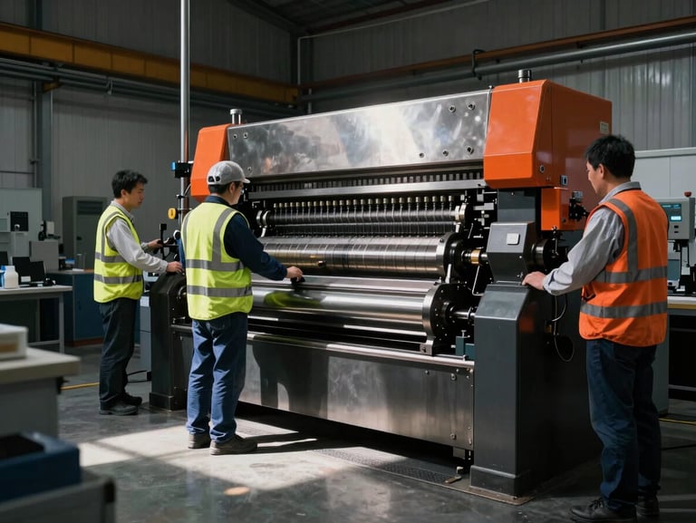 Interior of a high-precision pressroom with engineers in high-vis gear calibrating a massive steel printing press, dramatic workshop shadows