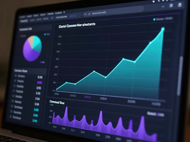 A high-fidelity dark mode analytics dashboard showing conversion rates and growth curves, vibrant cyan and purple indicators glowing on a deep black screen.