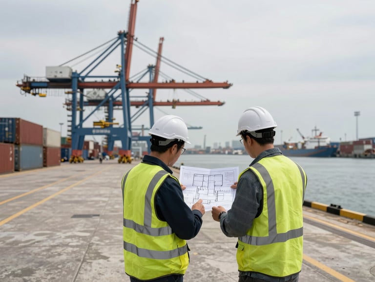 Wide environmental shot of a busy commercial port under high-contrast overcast daylight, two engineers in high-visibility vests analyzing technical blueprints on a concrete pier with heavy container cranes in the background.