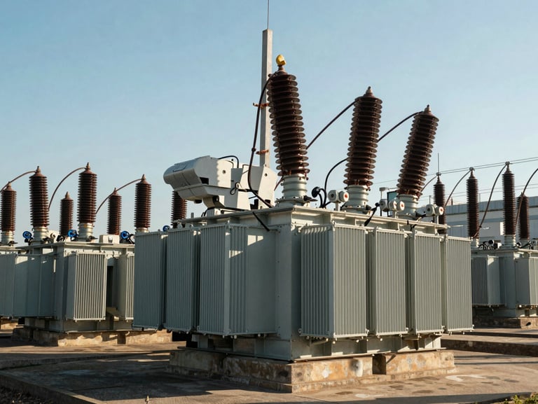 An industrial electrical substation near a coastal facility under sharp, direct sunlight. Highly detailed steel structures, transformers, and heavy cabling, casting dramatic shadows, highlighting technical precision.