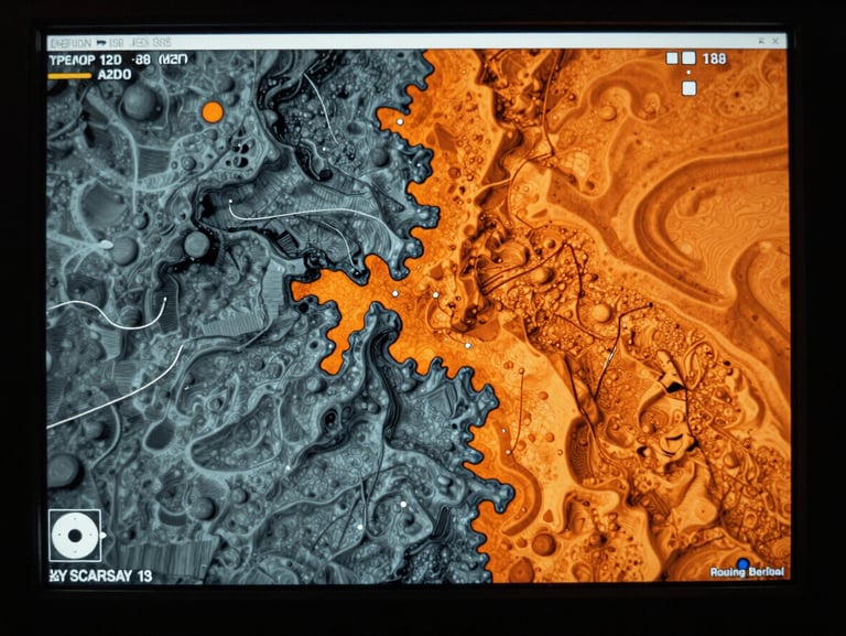 Extreme close-up of a high-precision bathymetric sonar screen showing a 3D seabed heatmap in slate and orange tones, technical data overlays.