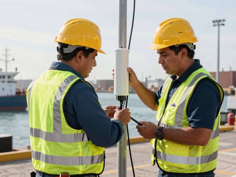 Dos ingenieros de telecomunicaciones mexicanos con chalecos de seguridad de alta visibilidad y cascos trabajando en la instalación de un nodo de red en un entorno industrial portuario, luz natural de día.