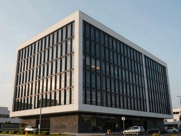 Clean modern corporate headquarters exterior in Equatorial Guinea, sharp architectural lines, soft daylight.