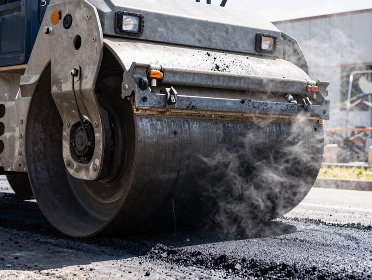 Heavy-duty asphalt roller compacting hot black asphalt under bright sun, steam rising, raw industrial texture, 35mm