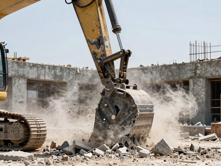 Excavator hydraulic shear attachment crushing concrete structure, dust and debris, high-contrast bright daylight, 35mm