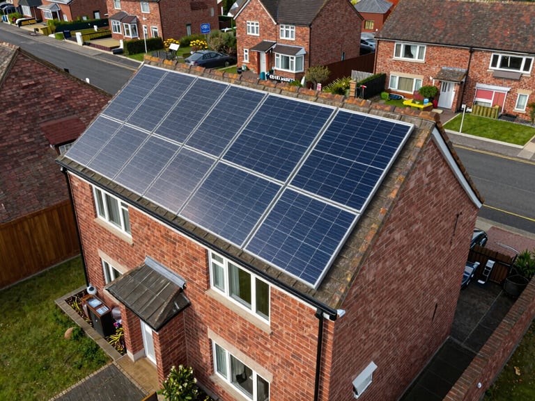 Overhead drone shot of a semi-detached UK home with CBG Solar panels installed across the rear roof slope, suburban street visible below, soft overcast daylight, system clearly operational