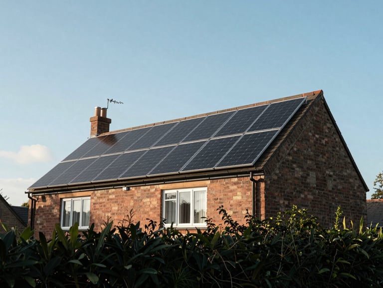 Ground-level view looking up at a detached bungalow roofline in a UK village, solar panels visible across the full south-facing pitch, late afternoon light, green garden hedge in foreground