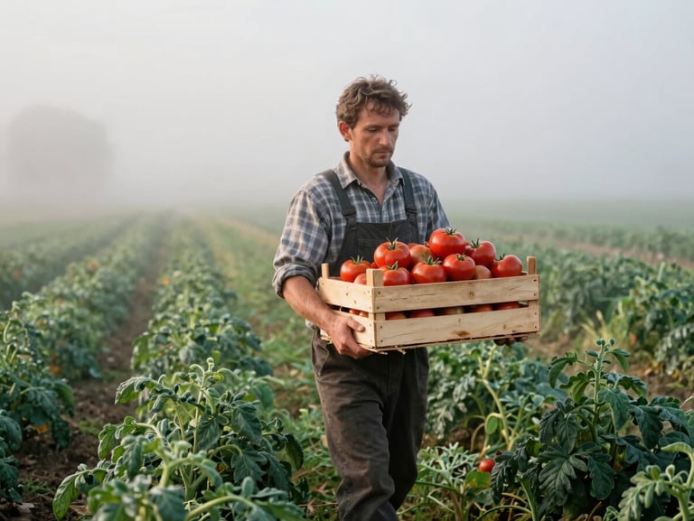 A local farmer carrying a wooden crate of fresh heirloom tomatoes through a misty morning field, soft natural daylight, rich earthy tones