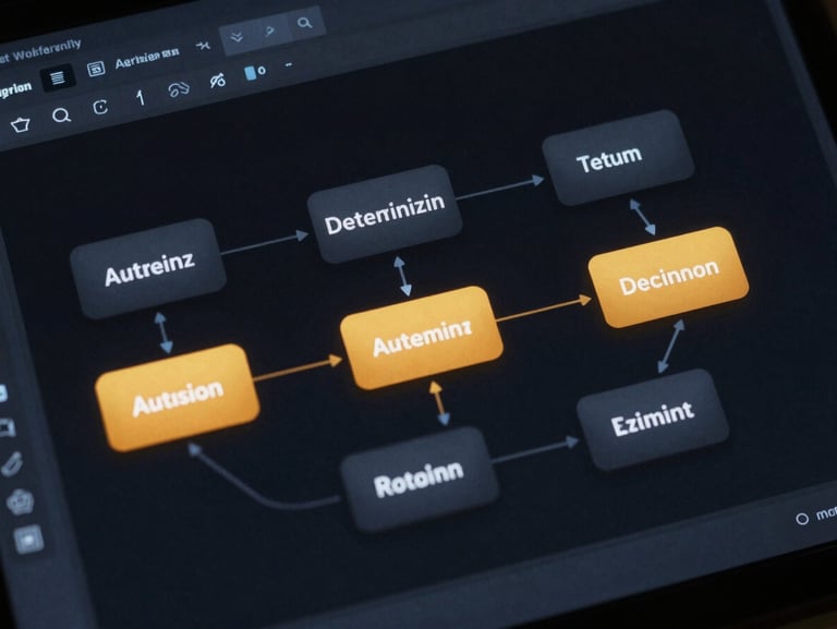 Clean technical UI mockup of an agentic workflow graph, showcasing deterministic decision nodes, sharp tactical amber highlights, dark mode interface, 35mm
