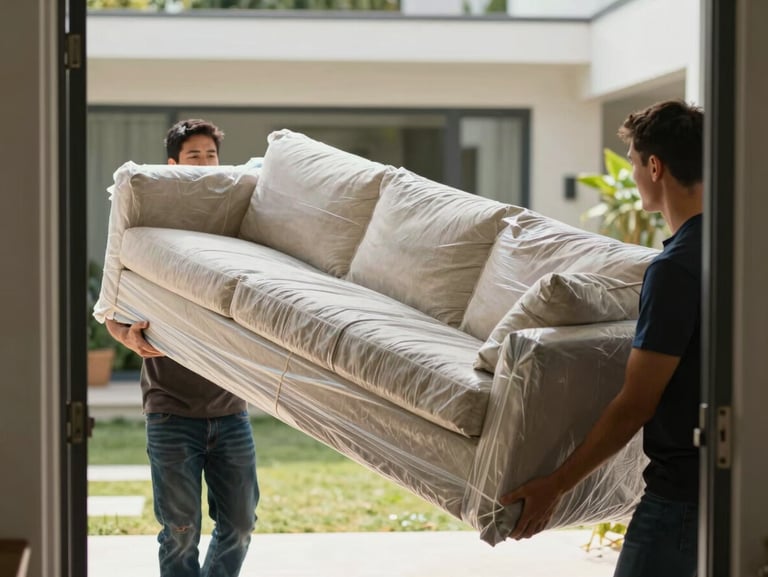 Close-up documentary shot, two movers carefully carrying a large wrapped sofa through a bright villa doorway, natural midday light streaming in from outside, protective blankets visible, focus on careful grip and deliberate movement